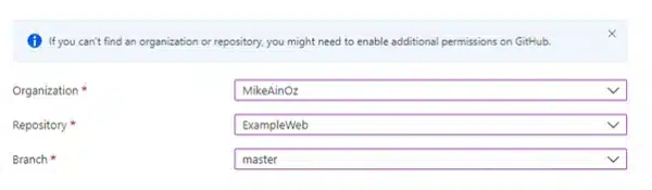 Azure GitHub repository and branch